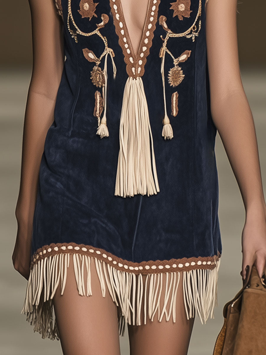 Western Retro Faux Suede Bohemian Style Embroidered Tassel Sleeveless Mini Dress