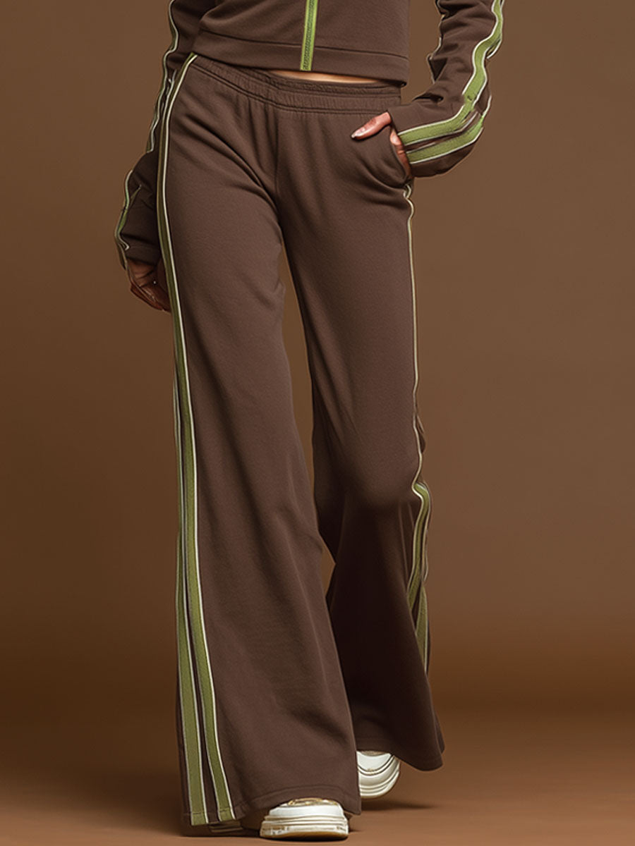 Sporty Retro Webbing Brown Long-Sleeve Sweatshirt And Wide-Leg Pants Set