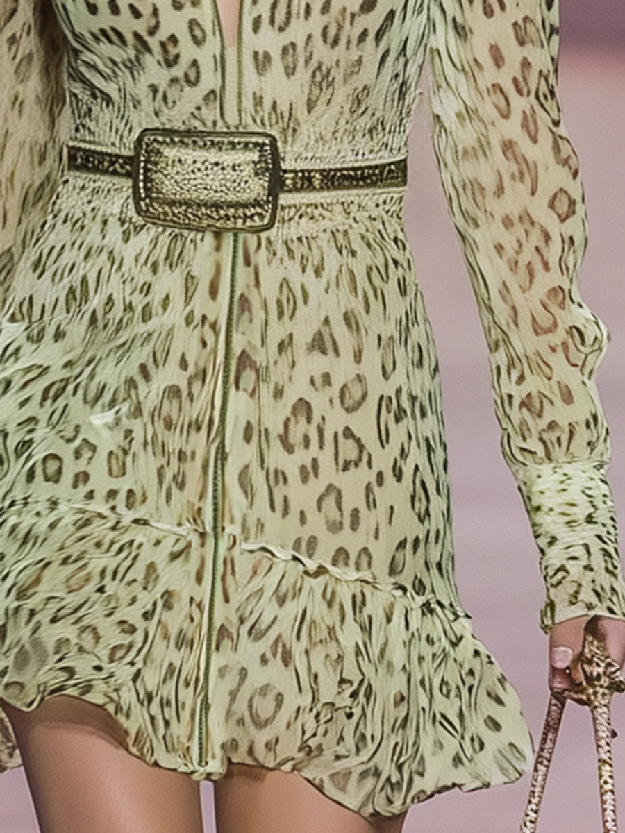 Fashionable Green Chiffon Leopard Print Zipper Mini Dress