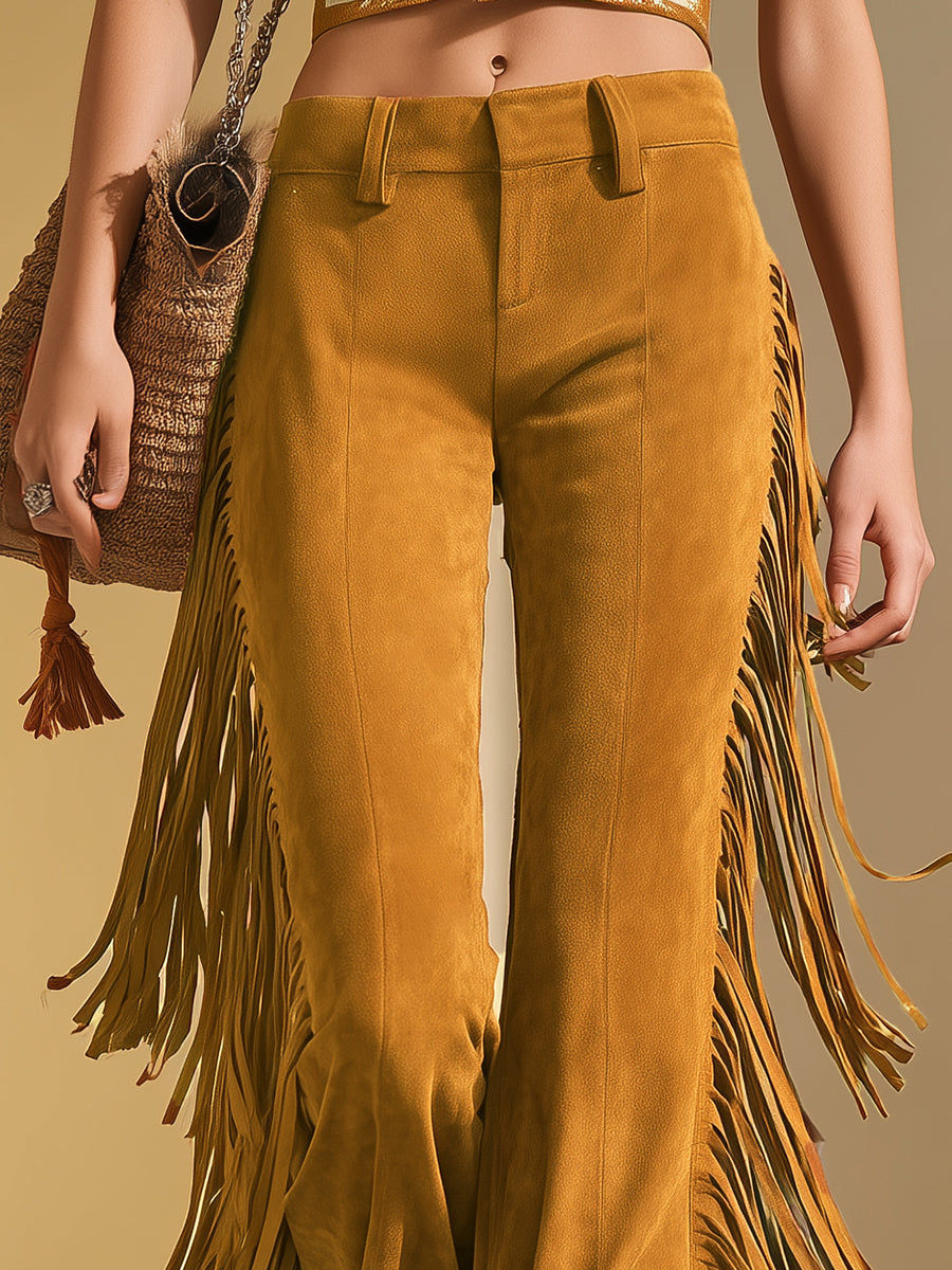 Retro-style Fringed Faux Suede Flared Pants