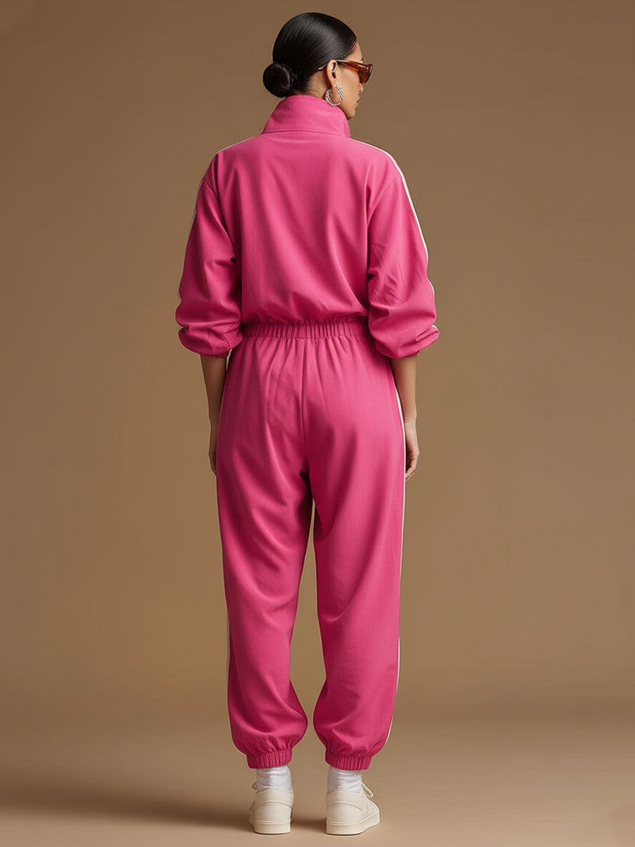 Retro Sporty Woven Rose Red Cotton Wide-leg Jumpsuit