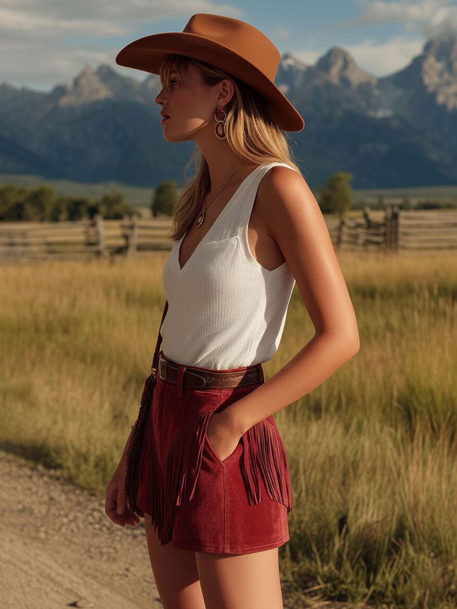 Western-style Retro Burgundy Faux Suede Tassel Shorts