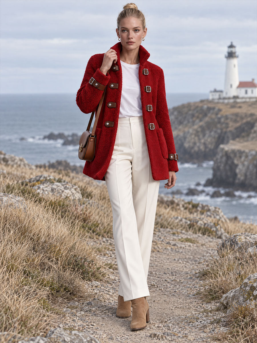 Casual Retro Red Faux Leather Fleece Coat