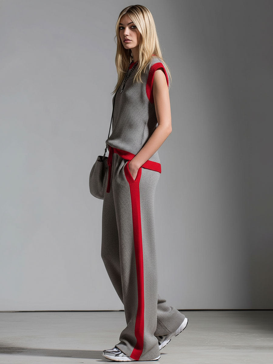 Color-blocked Crew Neck Sleeveless Top And Pants Knitted Set
