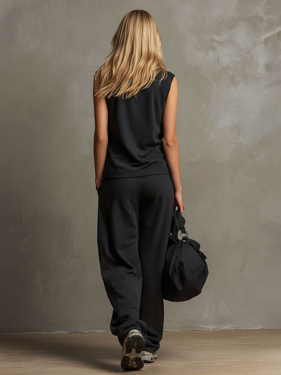Black Collared Button-down Sleeveless Top And Trousers Set
