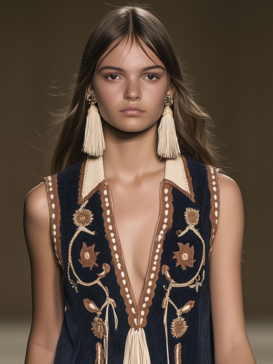 Western Retro Faux Suede Bohemian Style Embroidered Tassel Sleeveless Mini Dress