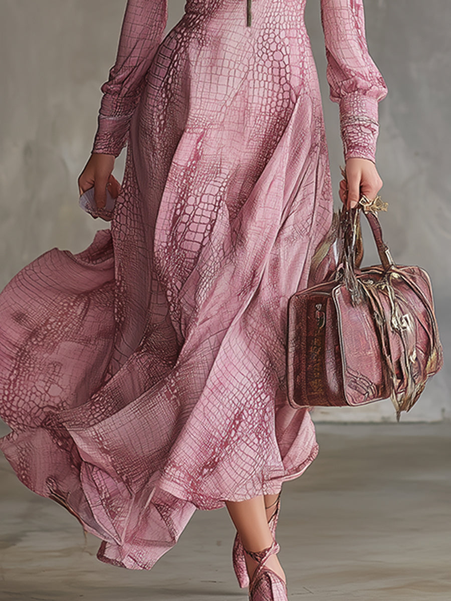 Trendy Urban Pink Crocodile Print Chiffon Maxi Dress
