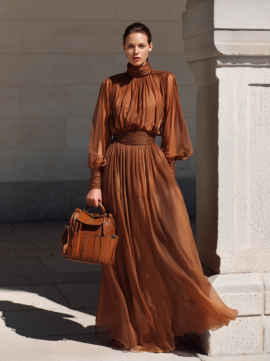 Elegant Stylish Stand-up Collar Lantern Sleeve Chiffon Maxi Dress