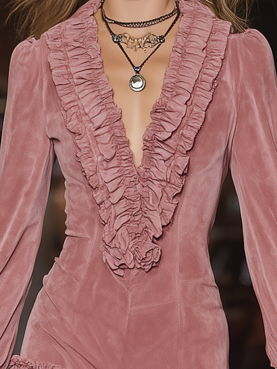 Western-style Pink Faux Suede With Ruffled Trim And Tassels Mini Dress