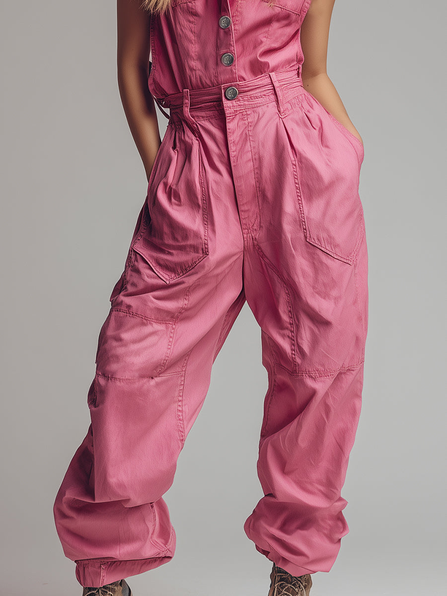 Casual And Stylish Pink Sleeveless Shirt And Loose-fitting Trousers Set