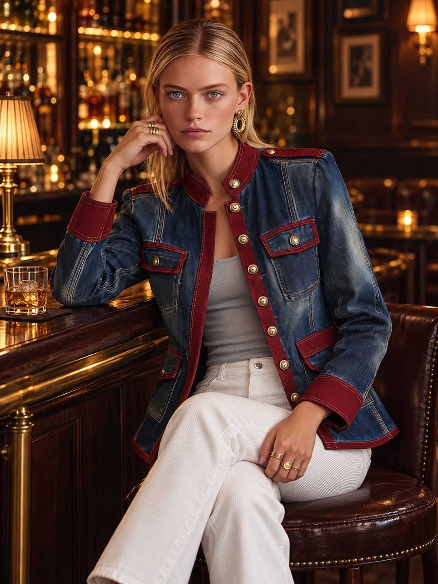 Women’s Military Denim Jacket With Burgundy Trim And Gold Buttons