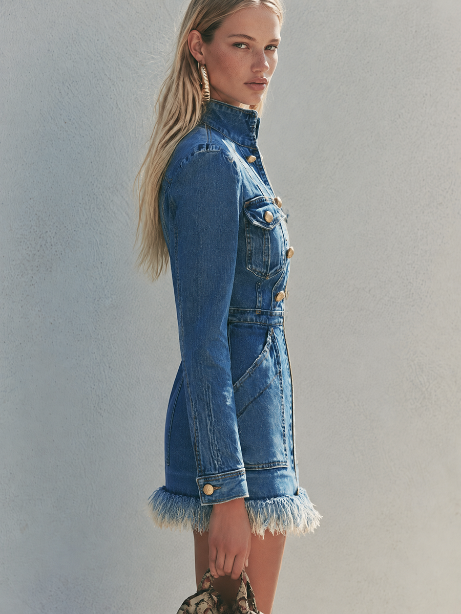 Fringed Denim Mini Dress With Gold Zipper