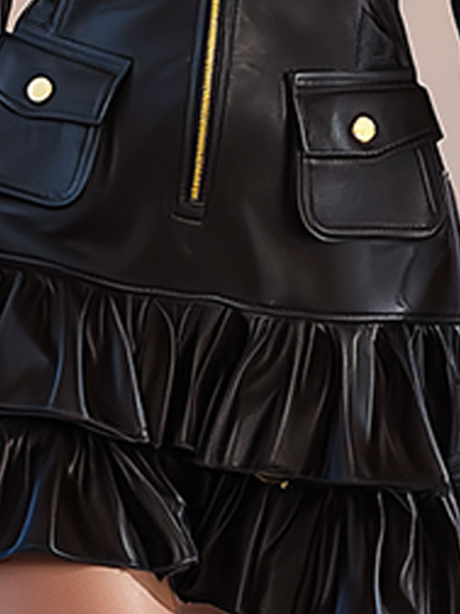 Stylish Black Zippered Ruffled Faux Leather Mini Dress