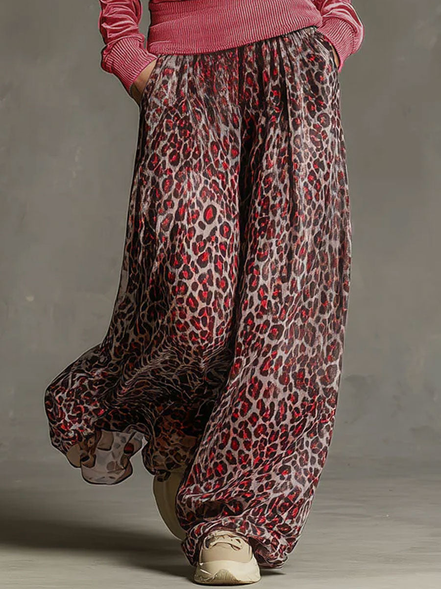 Casual Retro Pink Fleece Hooded Top And Chiffon Leopard Print Wide-leg Pants Set