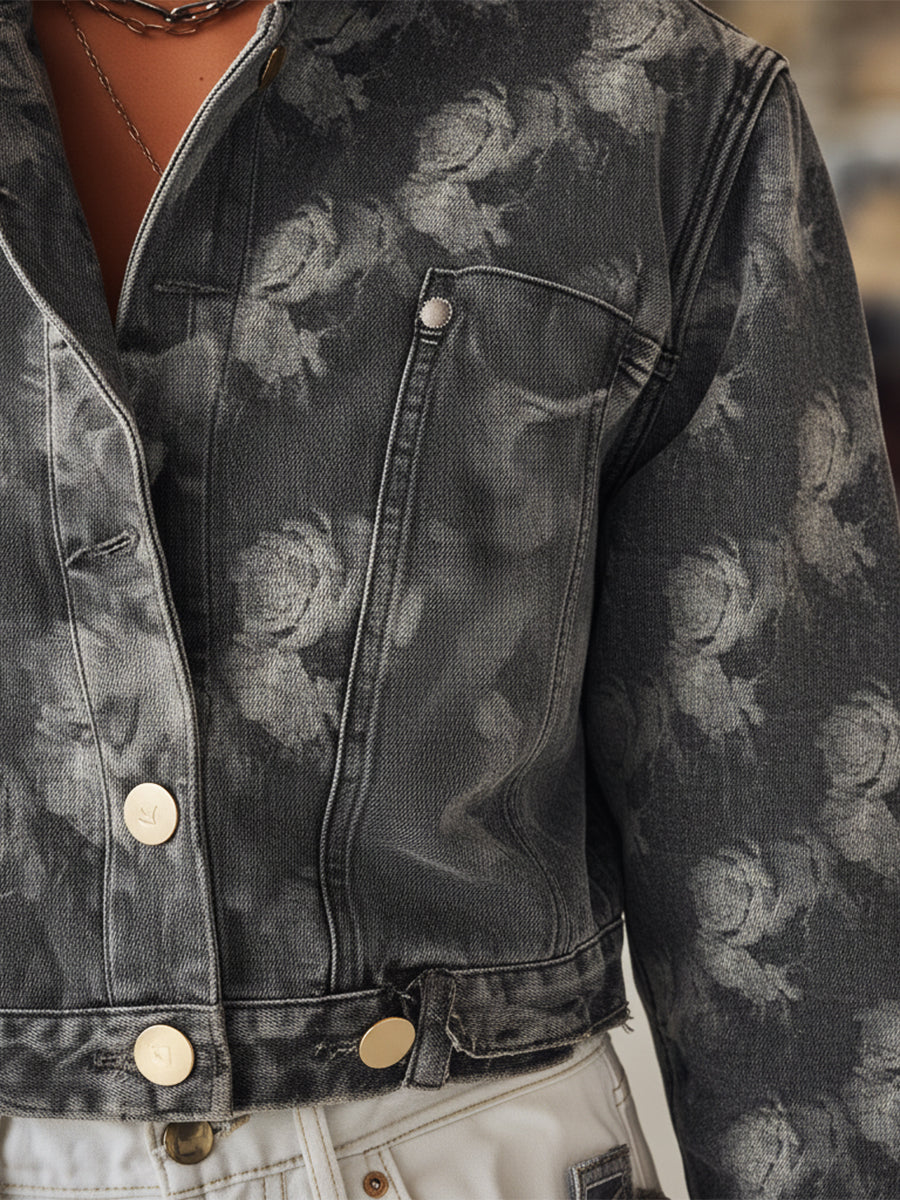 Casual And Stylish Rose Print Gray Denim Cropped Jacket