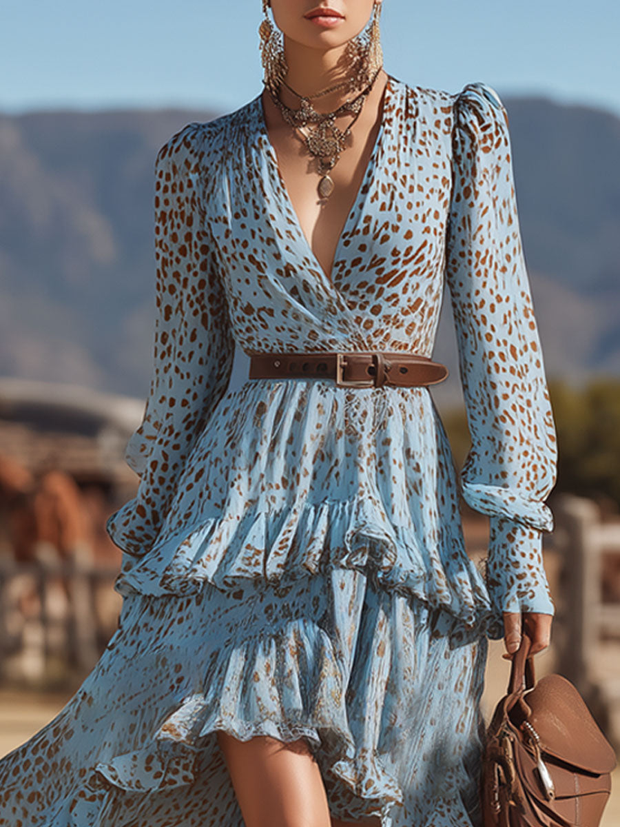 Western Retro Leopard Print Light Blue Chiffon Long-Sleeved Ruffle Maxi Dress