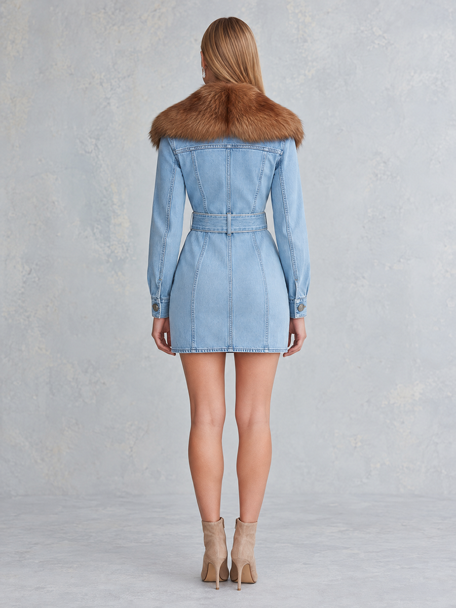 Light Blue Belted Denim Mini Dress With Faux Fur Collar