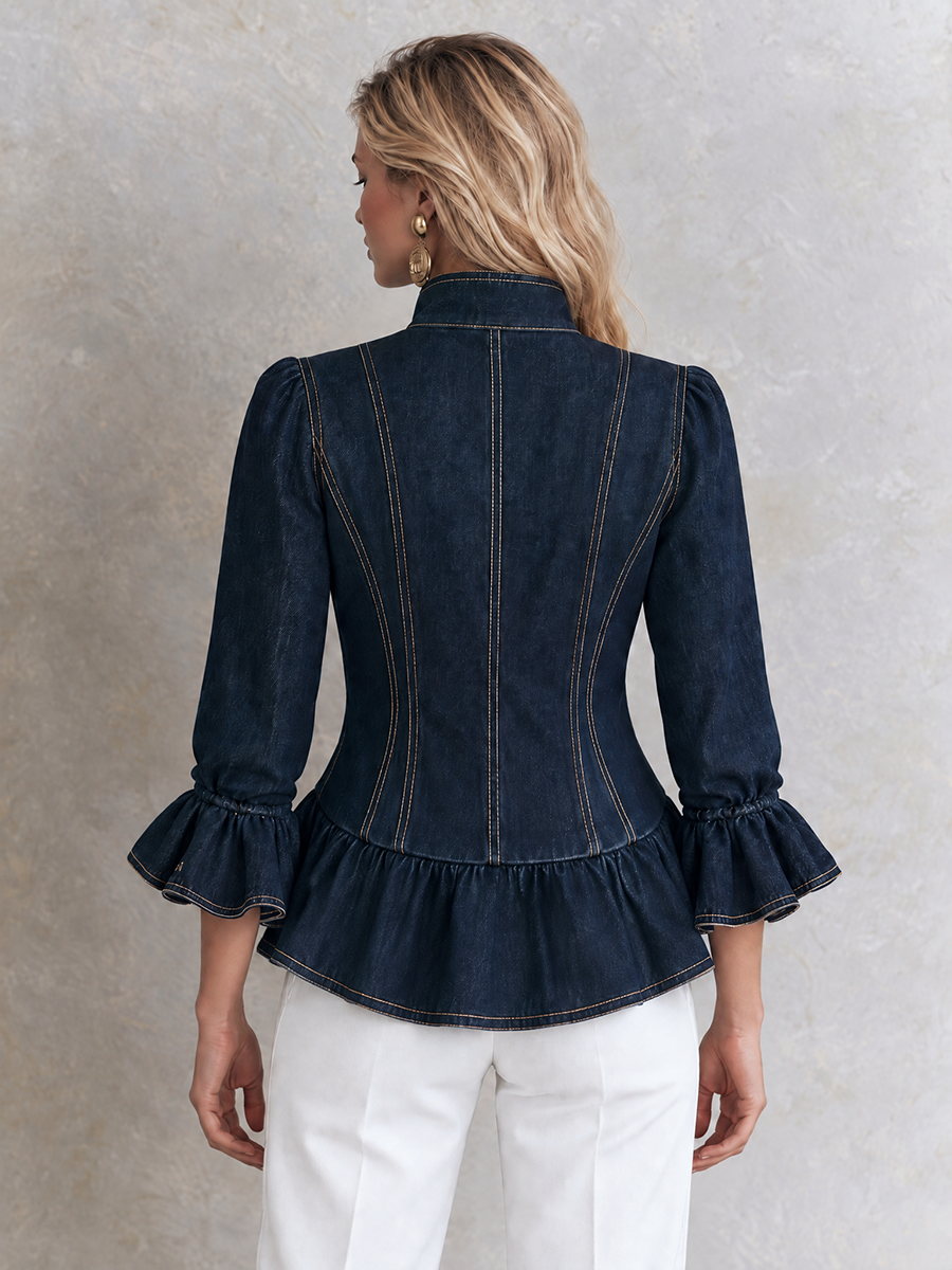 Indigo Peplum Denim Gold Button Jacket