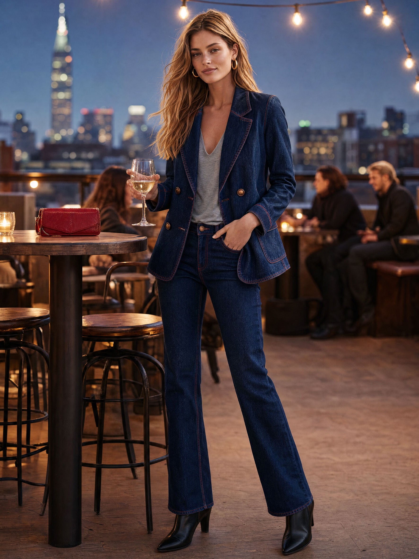 Casual Retro Red-stitched Navy Blue Denim Blazer