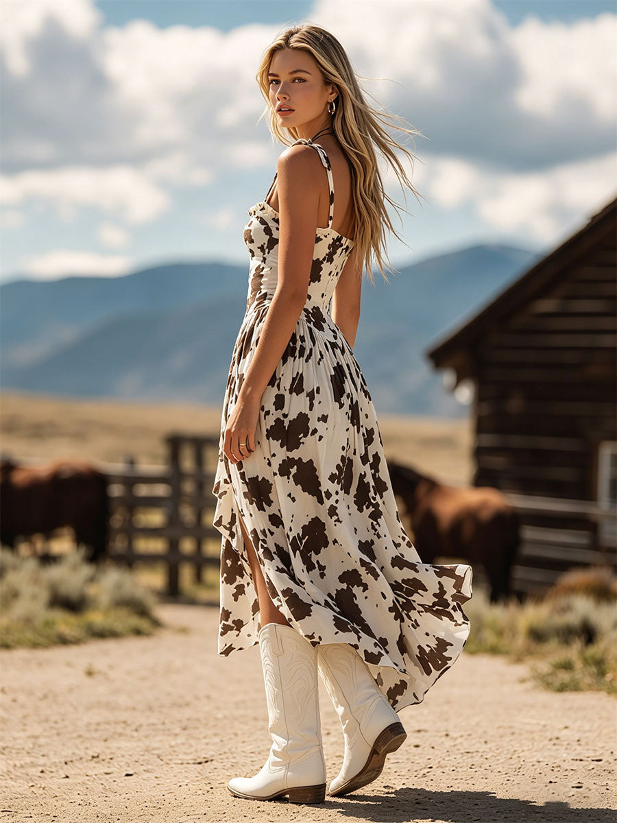 Western Retro Cow Print White Sleeveless Ruffled Square Neck Chiffon Midi Dress