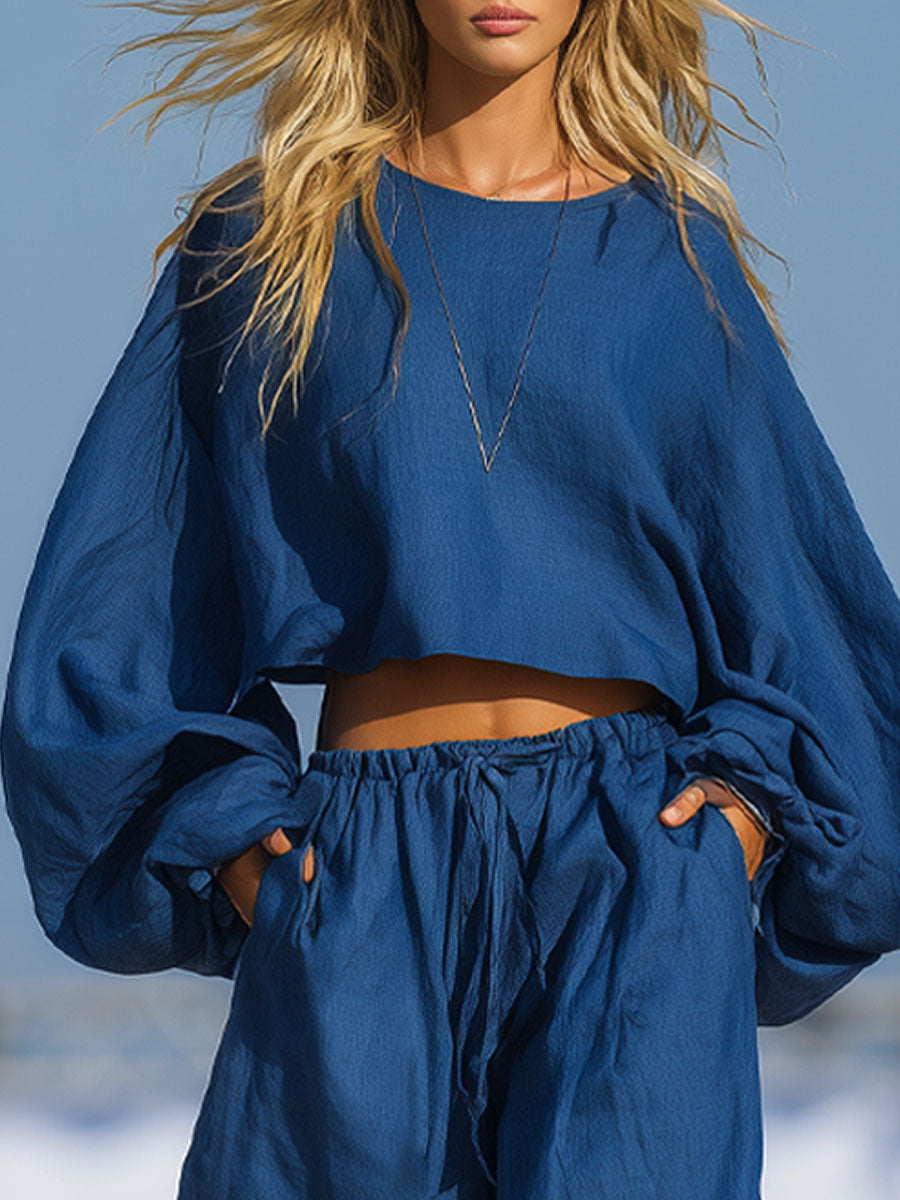 A Loose-fitting Round-neck Long-sleeved Top And Wide-leg Cotton-linen Set