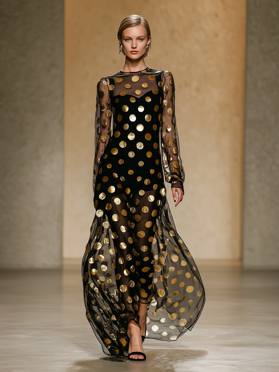 High-end Chic Gold Polka Dot Black Chiffon Maxi Dress