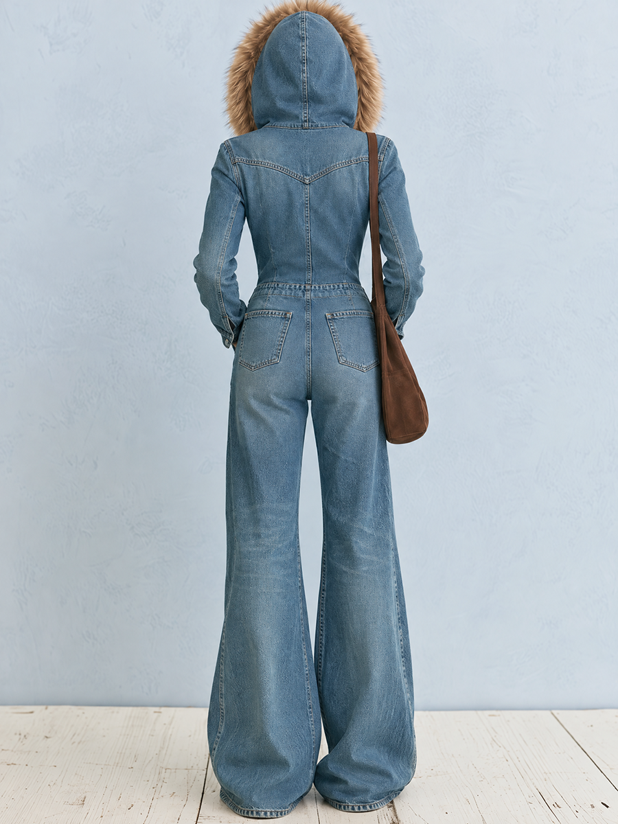 Hooded Wide Leg Denim Jumpsuit With Star Patch
