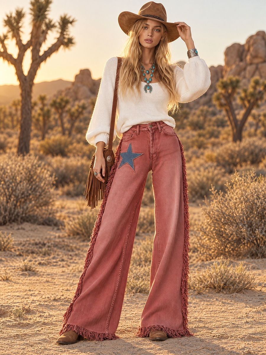 Retro Western Star Patch Fringe Wide Leg Women&