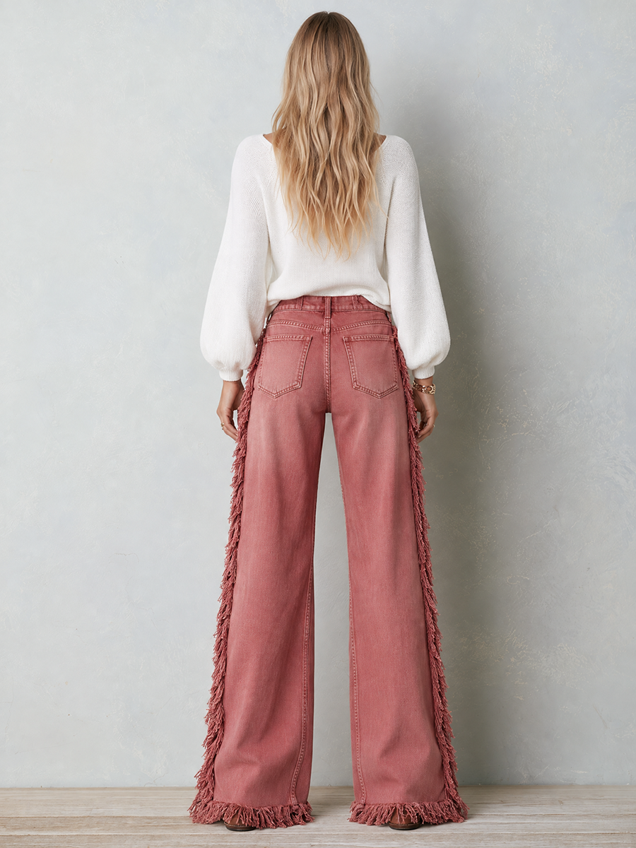 Retro Western Star Patch Fringe Wide Leg Women&