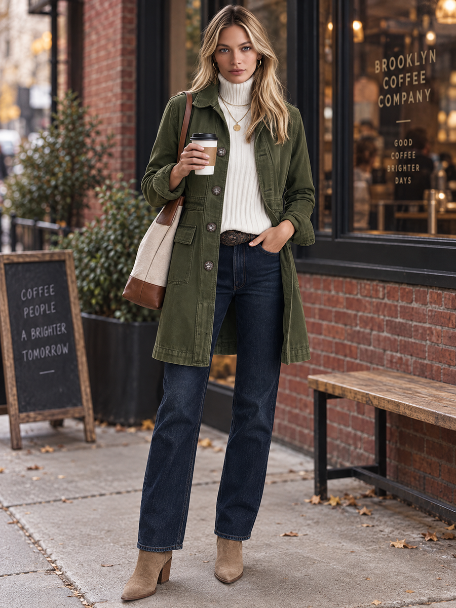 Vintage Military Olive Button Longline Utility Womens Coat