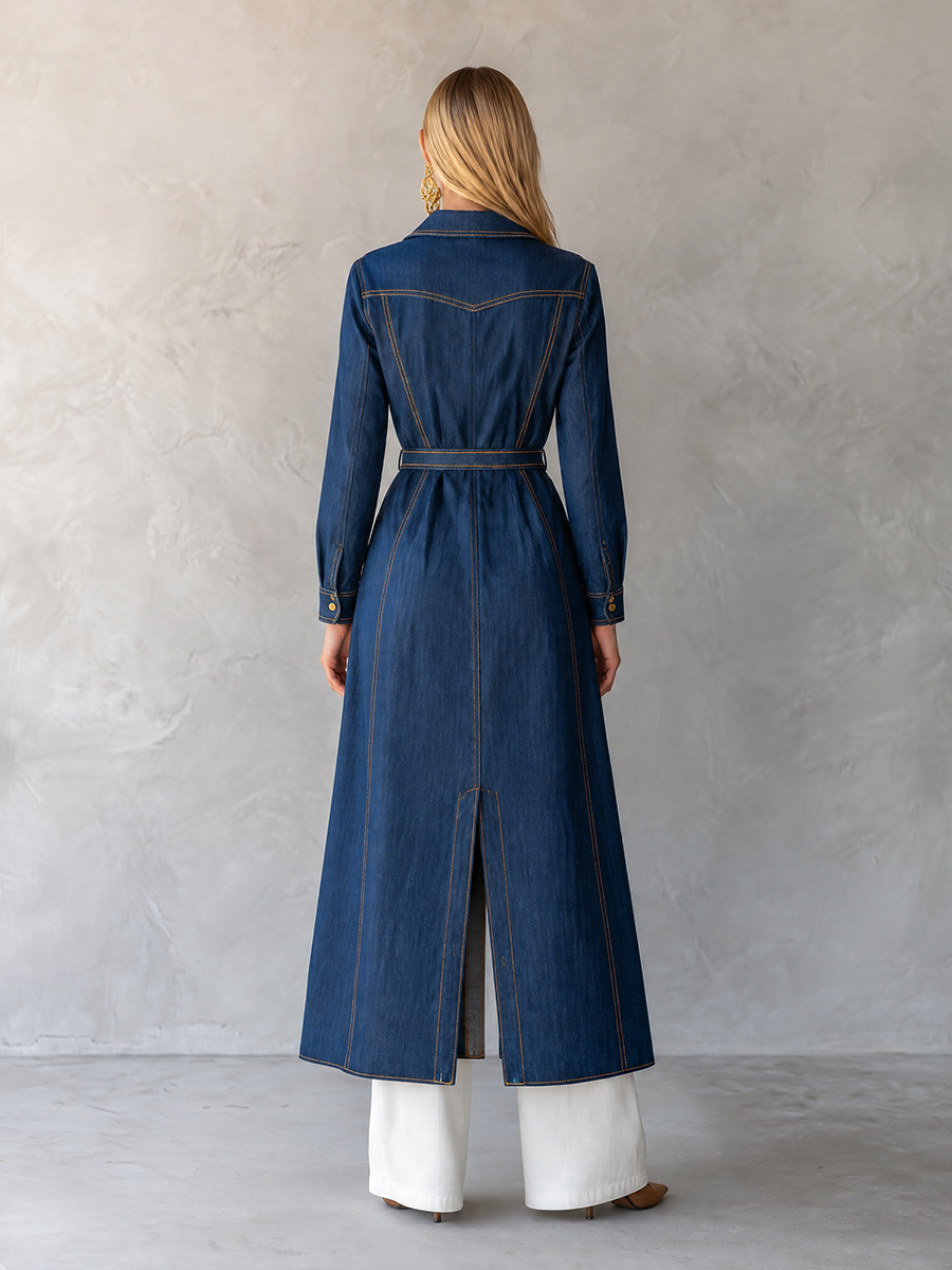 Belted Indigo Denim Duster Coat With Contrast Stitching
