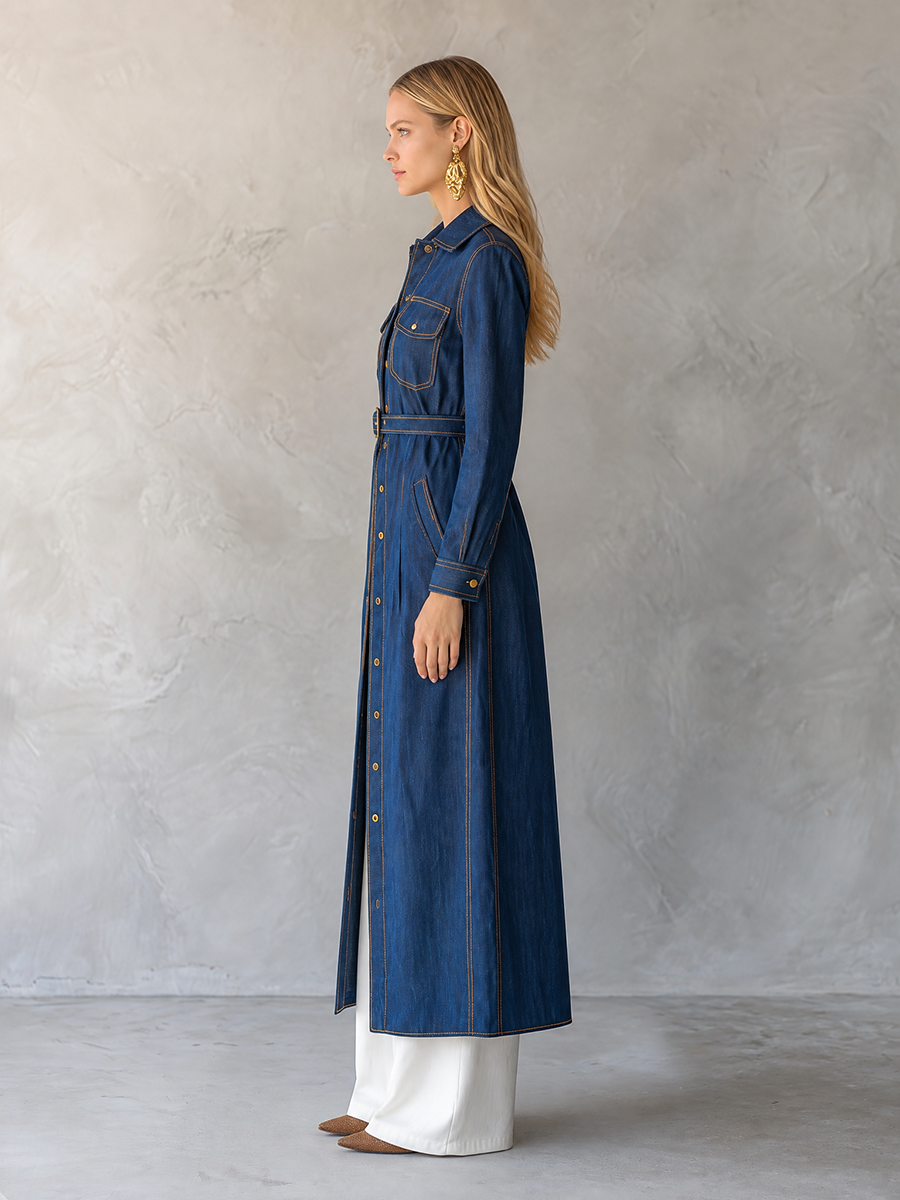 Belted Indigo Denim Duster Coat With Contrast Stitching