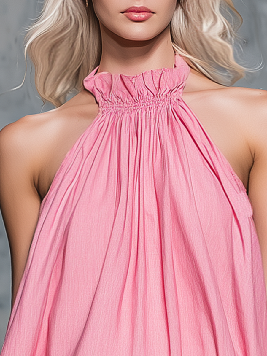 Retro Casual Stand-up Collar Sleeveless A-line Ruffle Top