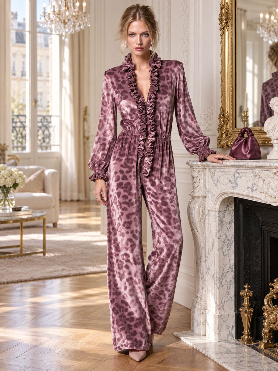 Retro Elegant Mauve Leopard-Print Velvet Ruffle-Trim V-Neck Wide-Leg Jumpsuit