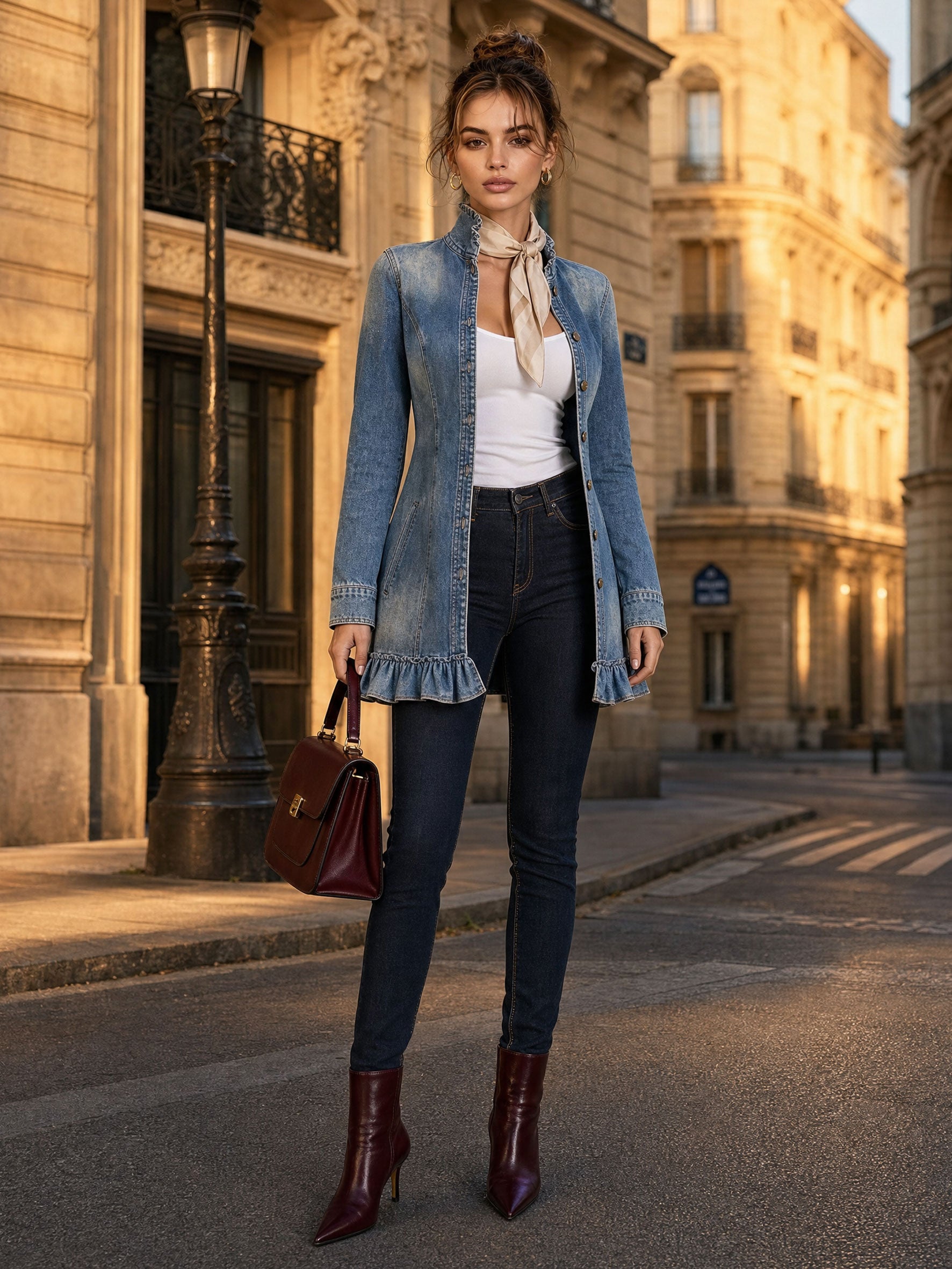 Casual Retro Ruffled Washed Blue Denim Jacket