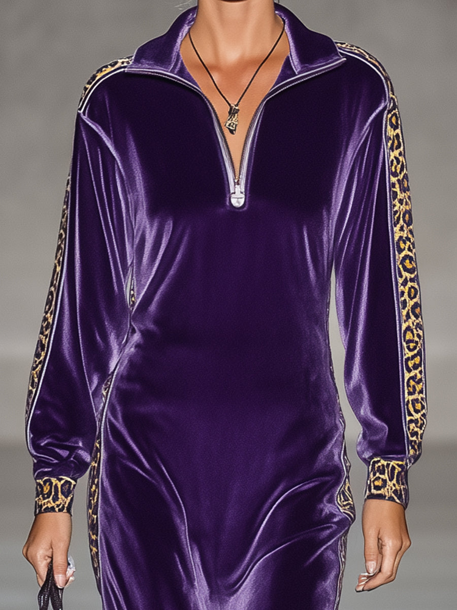 Stylish Purple Loose-fitting Zippered Leopard Print Maxi Dress