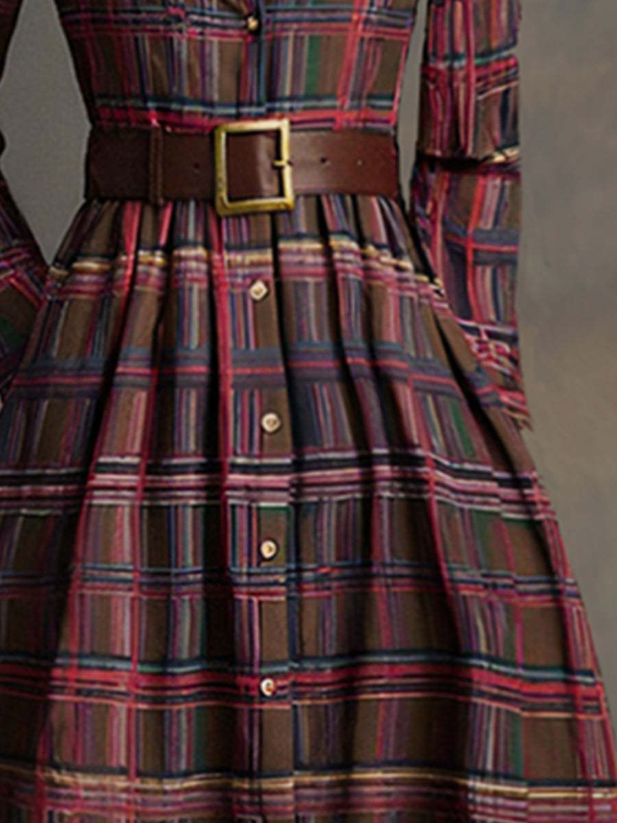 Retro Ethnic Style Lapel Reddish Brown Plaid Maxi Dress