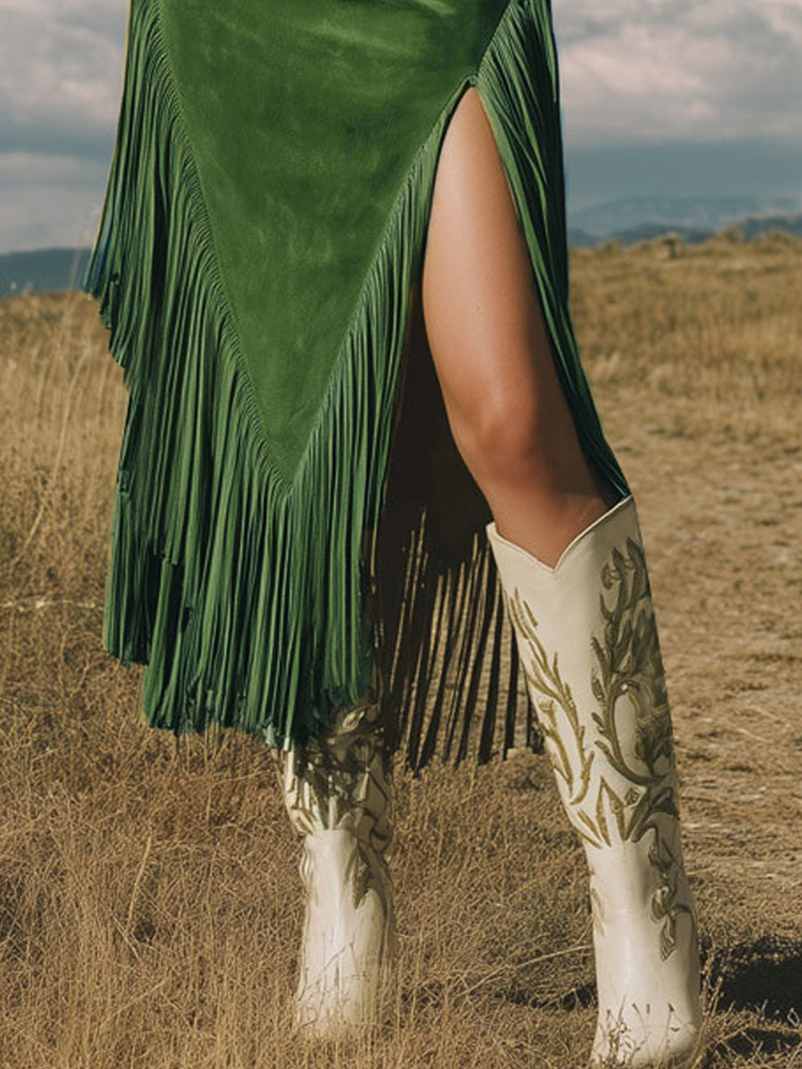 Western Retro Green Fringed Faux Suede Midi Skirt