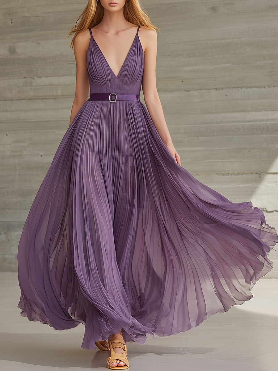 Stylish Vacation Party Retro Purple Chiffon Pleated V-neck Maxi Dress