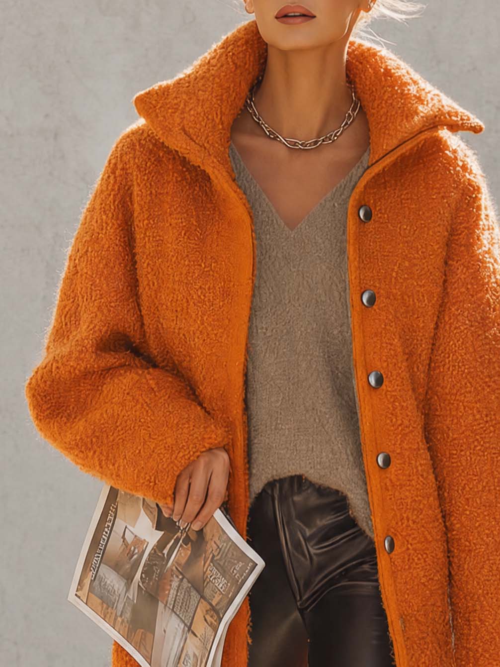 Exquisite And Fashionable Versatile Lapel Front Button Orange Polar Fleece Coat