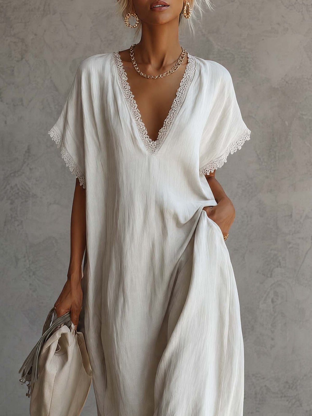 Casual Bohemian Urban V-neck Short-sleeved Lace Trim White Cotton Maxi Dress