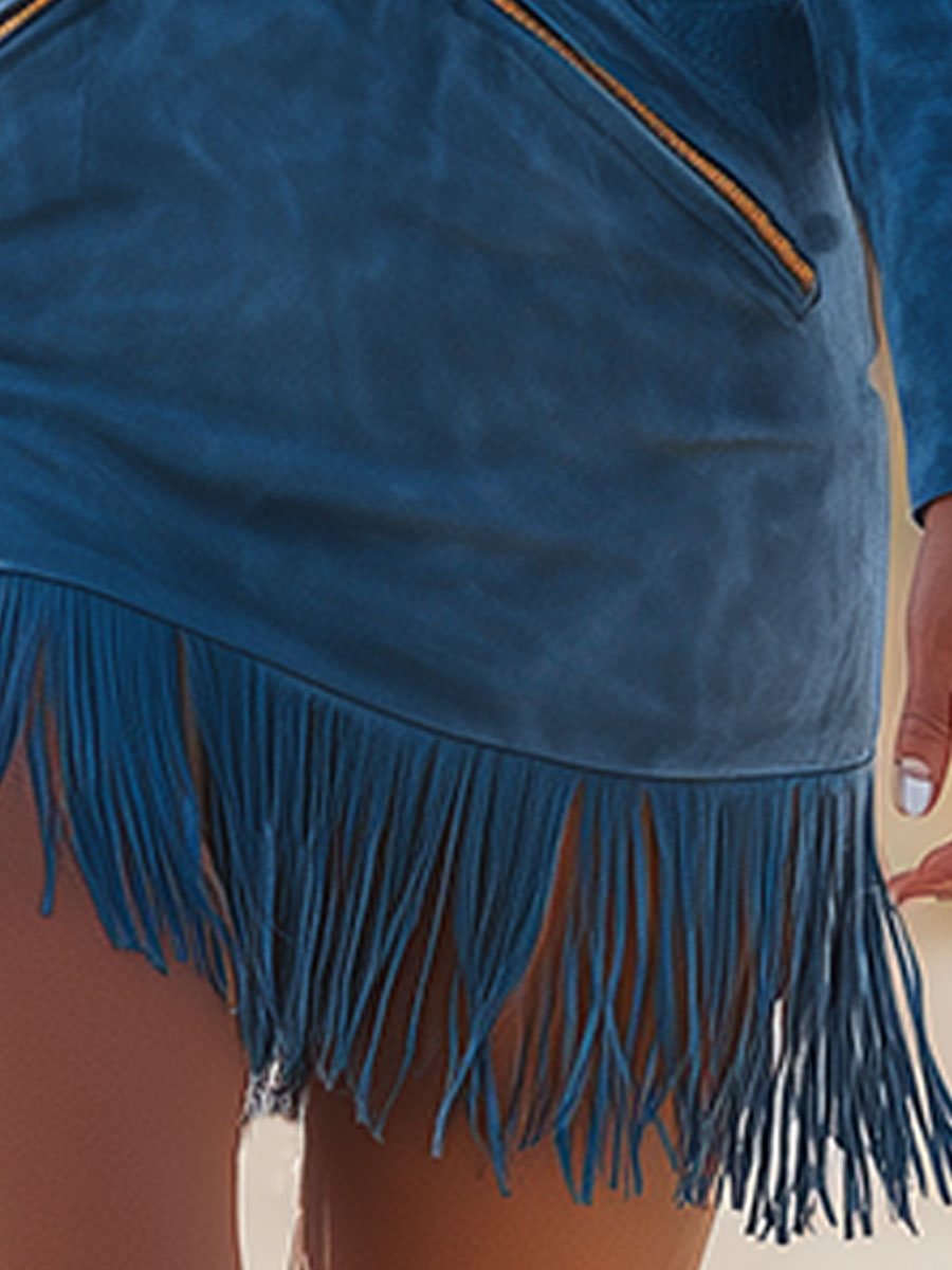 Retro Western Style Zippered Collar Blue Fringed Faux Suede Mini Dress