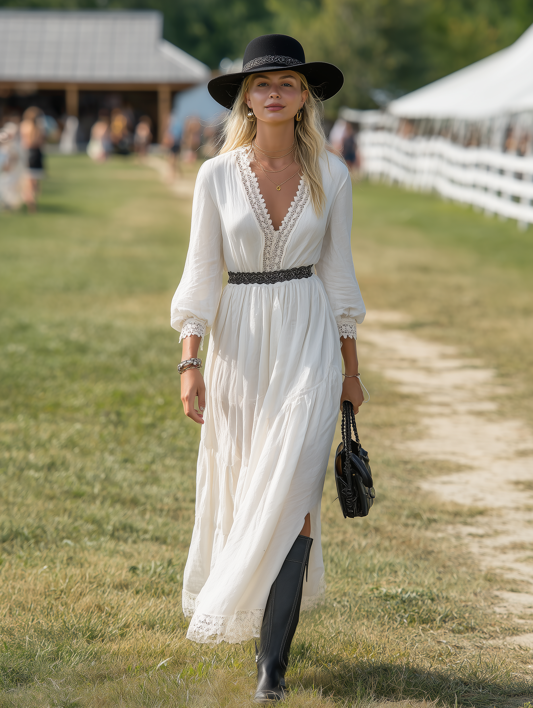 Western-style White Cotton And Linen Blend With Lace Inserts And A Side Slit Maxi Dress