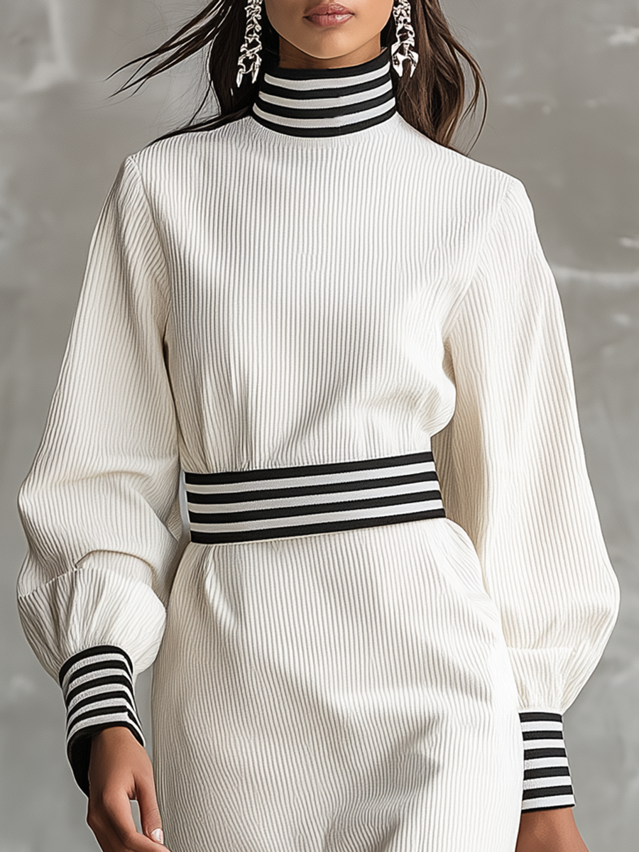 Sporty Retro Stand-up Collar Corduroy Dress