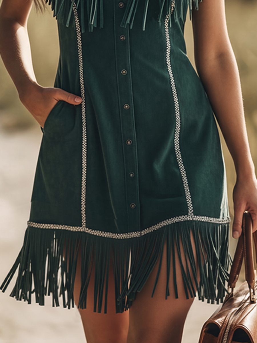 Retro-style Shirt Collar Button Closure Tassel Faux Suede Mini Dress