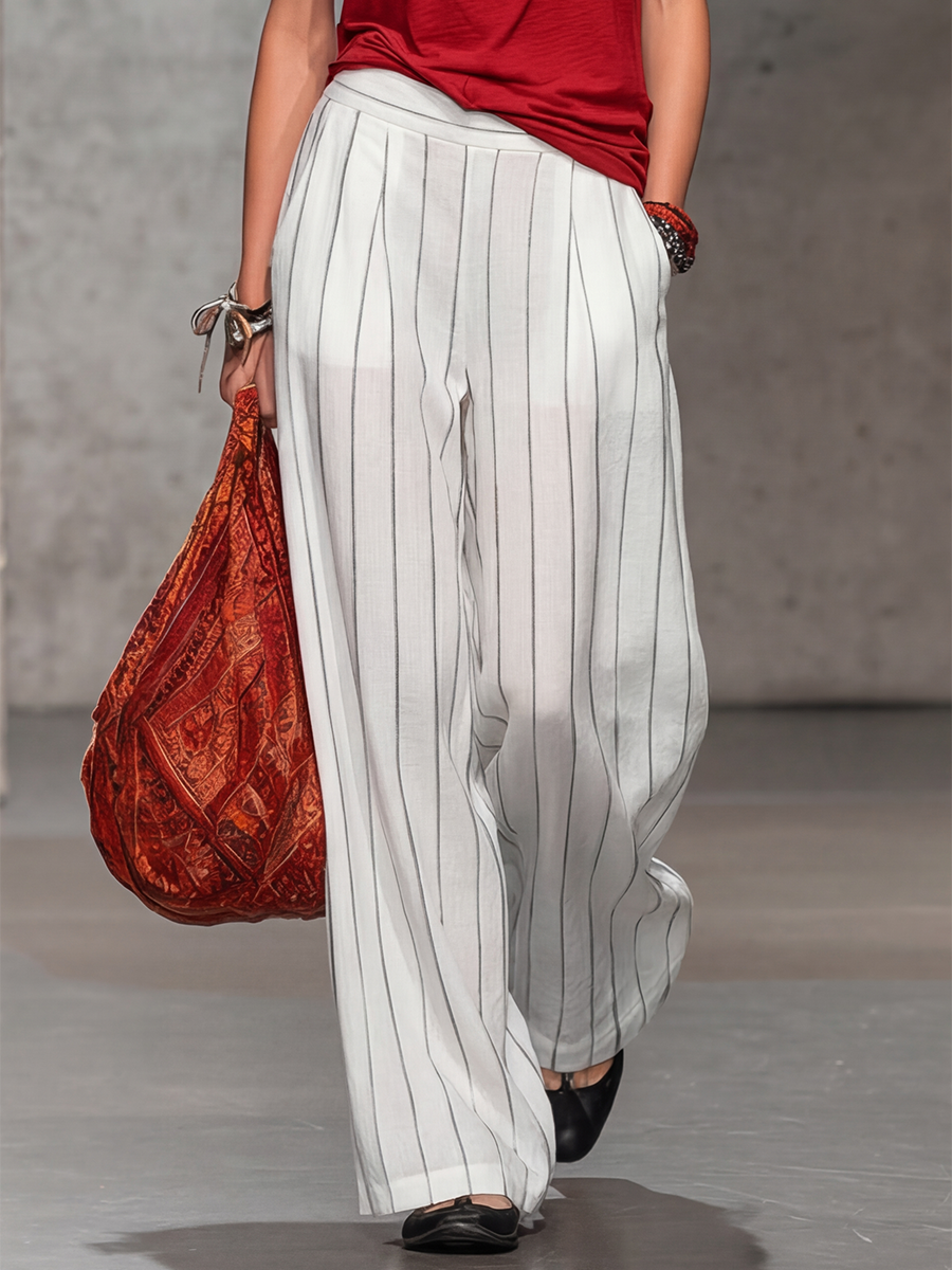 Comfortable And Relaxed Sleeveless V-neck Vest And Striped Chiffon Trousers Set