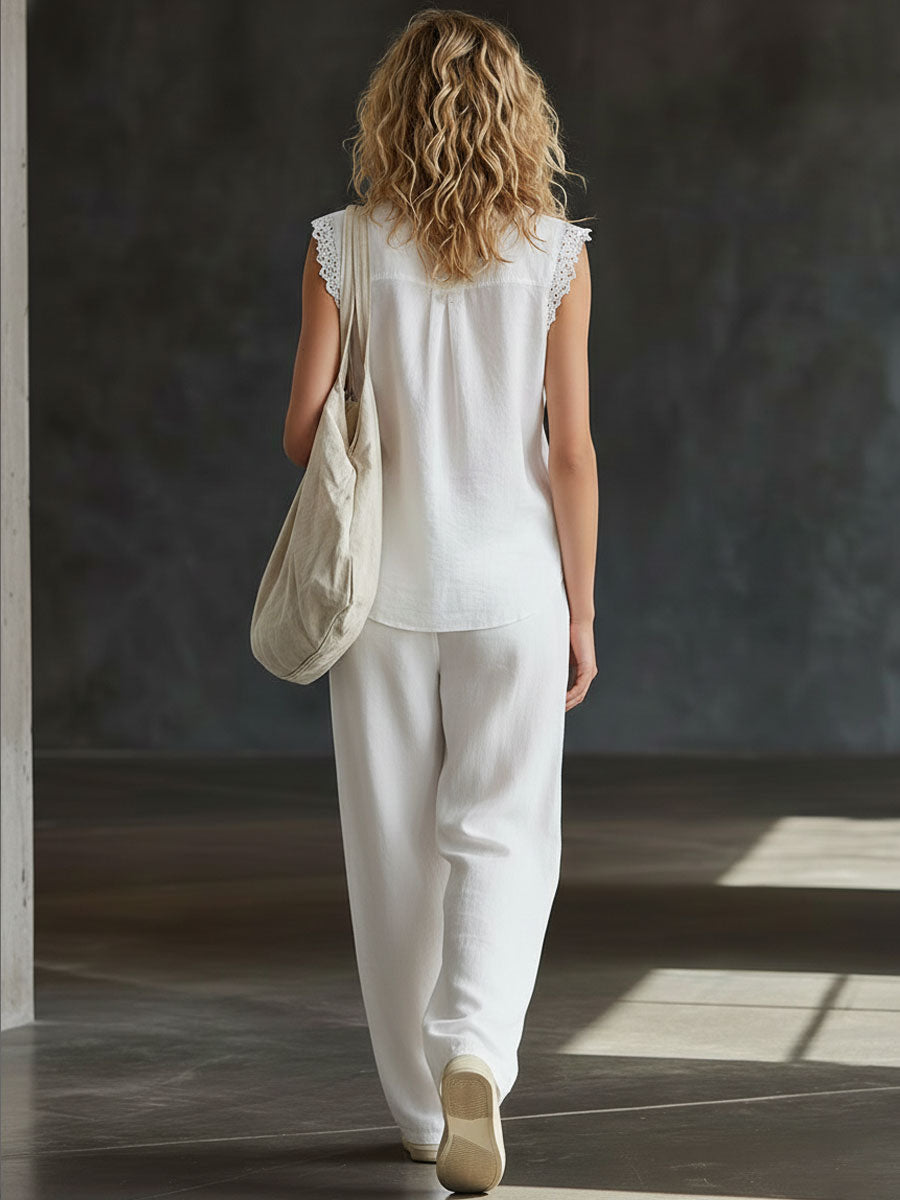 Casual Retro White Cotton Linen Sleeveless Lace Shirt And Wide-leg Pants Set