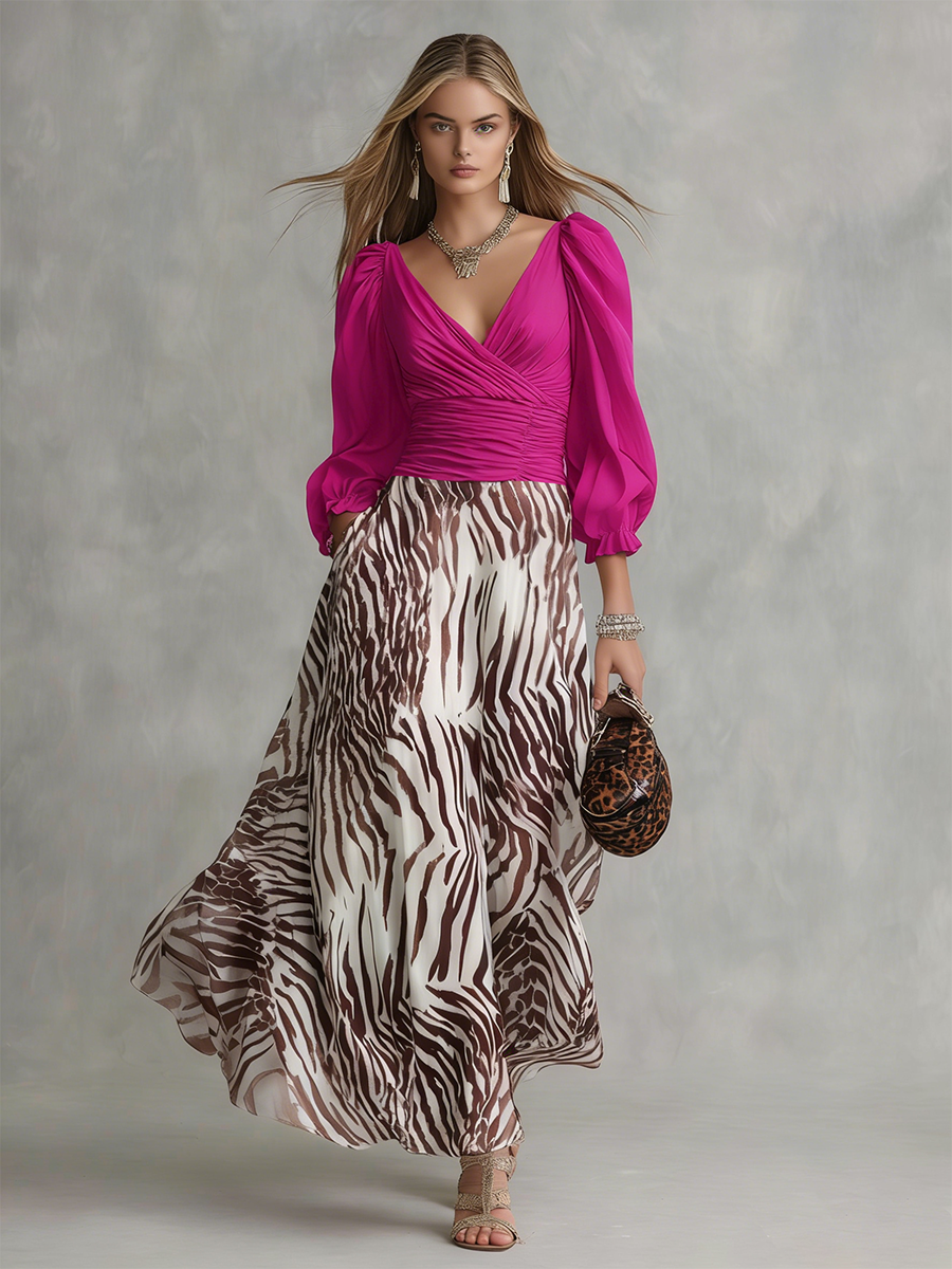 Fashionable Retro V-neck Long-sleeved Printed Chiffon Maxi Dress