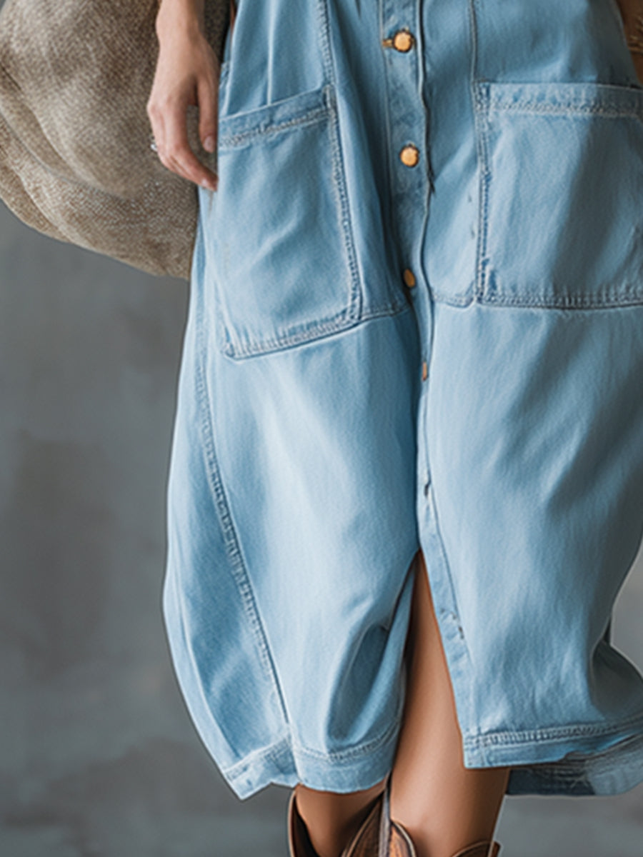 Vintage Elegant Suspender Blue Denim Front Button Square Neck Sleeveless Midi Dress