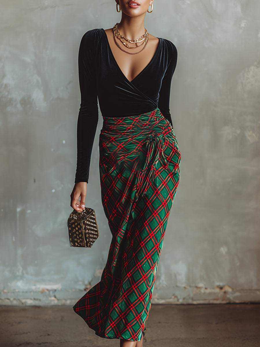 Retro Elegant Plaid Print Black Velvet Maxi Dress